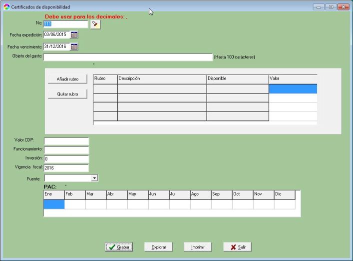 Formulario para alimentar un CDP