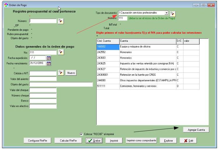 Formulario para escribir una Orden de pago